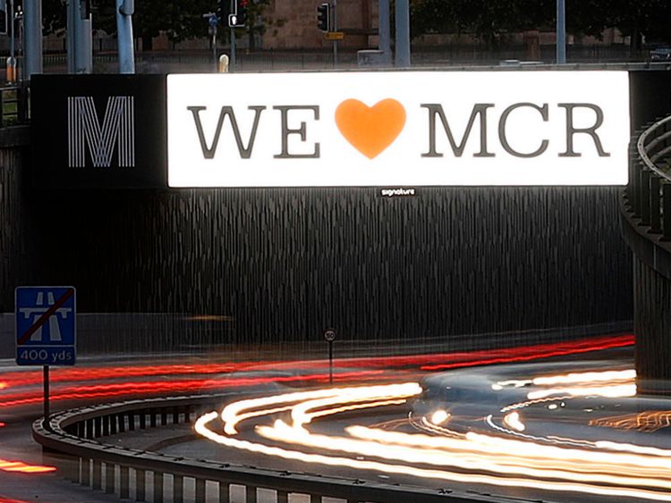A "We Love Manchester" sign on the Mancunian Way in Manchester