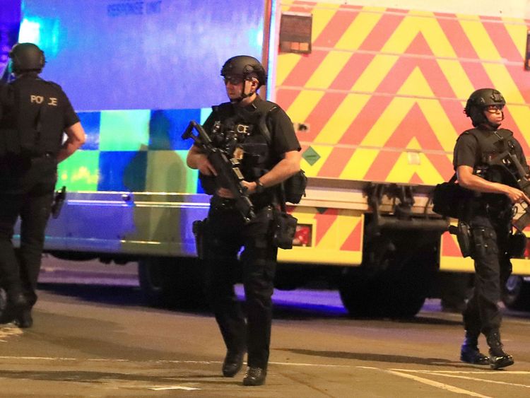 Armed police at Manchester Arena after the deadly explosion