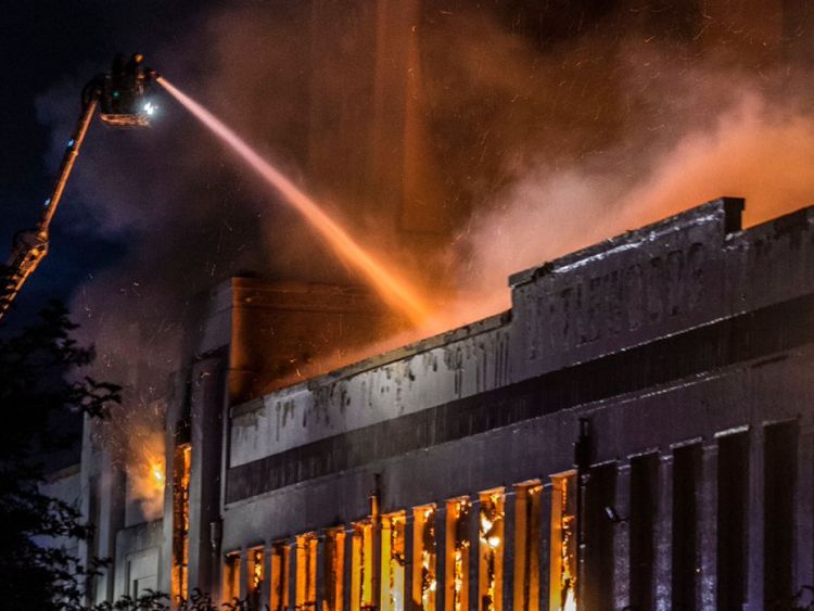 The Littlewoods building ablaze in Liverpool