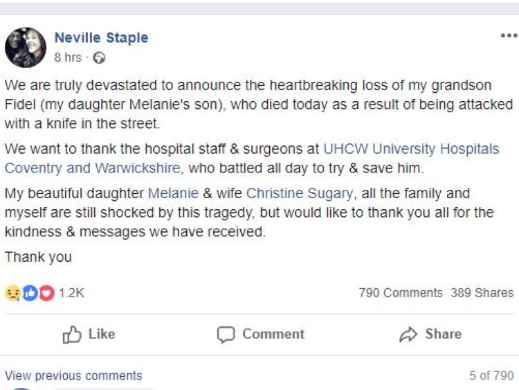 Neville Staple thanked hospital staff for trying to save his grandson's life. Pic: Neville Staple/Facebook