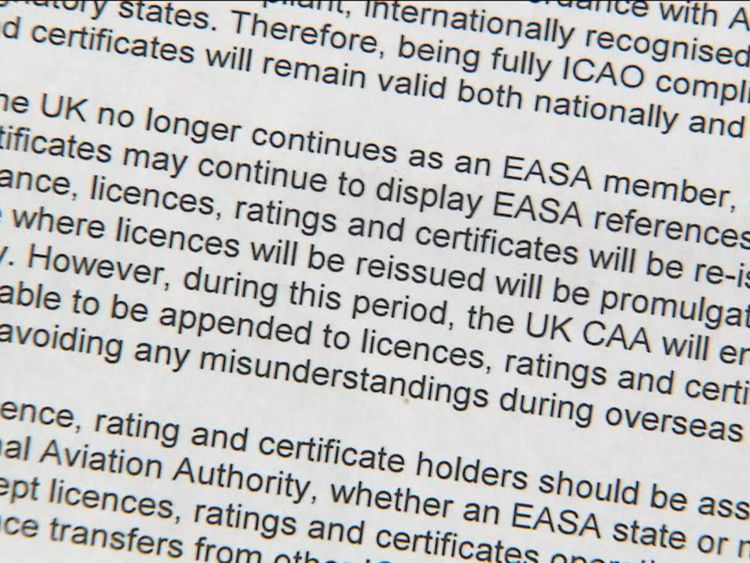 Pilot licences will no longer be recognised by the EU if the UK drops out of the European air safety mechanism, leaked Civil Aviation Authority documents obtained by Sky News reveal.
